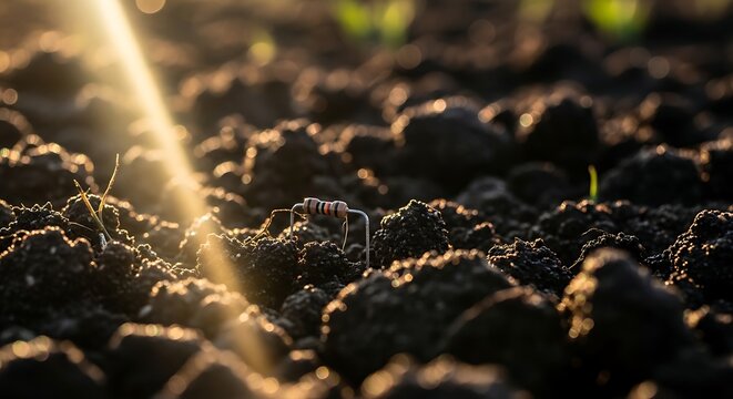 Close-up of fertile soil with sunlight.