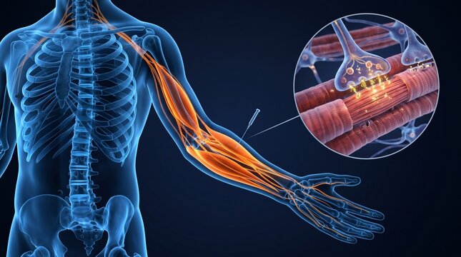 3D Medical Illustration of Neuromuscular Junction Synapse and Human Muscular System during Nerve Stimulation