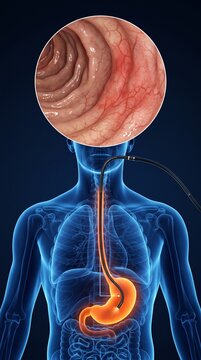 3D Medical Illustration of Gastroscopy Procedure Showing Endoscope in Stomach with Internal View Inset