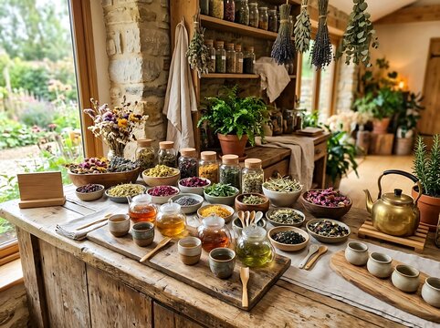 Healthy organic food ingredients and fresh herbs on a rustic wooden kitchen counter with garden view. tea tasting area