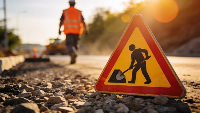 Road construction worker walking past yellow warning sign