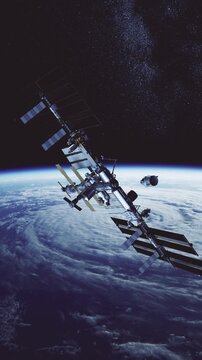 3D animation of a crew spacecraft docking with an orbital space station above Earth. Realistic rendezvous and docking sequence in low Earth orbit with a detailed space environment.