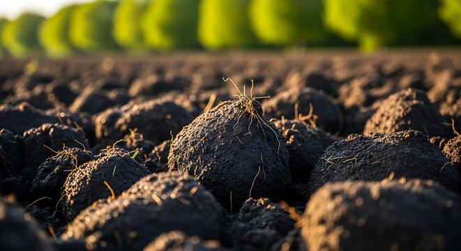 Close-up of plowed soil in field with trees.