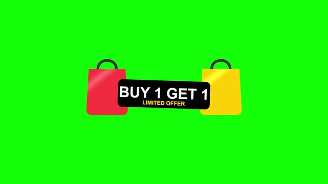 Promotional graphic featuring Buy 1 Get 1 Limited Offer text on a black banner, illustrated with red and yellow shopping bags, isolated on a bright green screen background for retail sales.