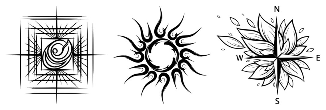Sun emblem and compass rose symbols with decorative geometric frames in tattoo style