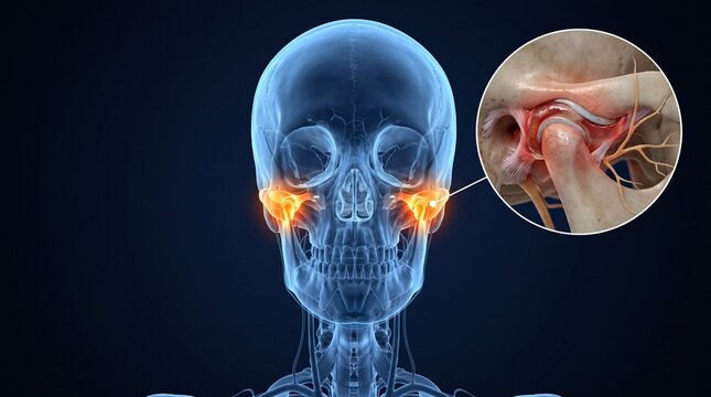 Temporomandibular Joint TMJ Disorder Anatomy with Pain Highlight and Detailed Disc Inset Medical Illustration