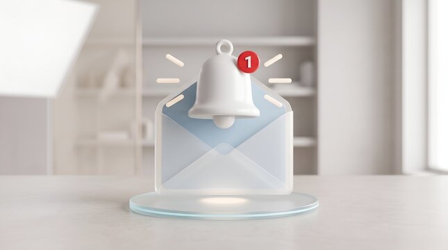 Notification bell inside an open envelope with a red badge