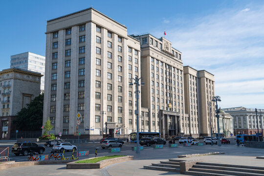 MOSCOW, RUSSIA - JULY 20, 2026: View of the building of the Lower Chamber of the Russian Parliament of the Russian Federation on a July morning. Moscow