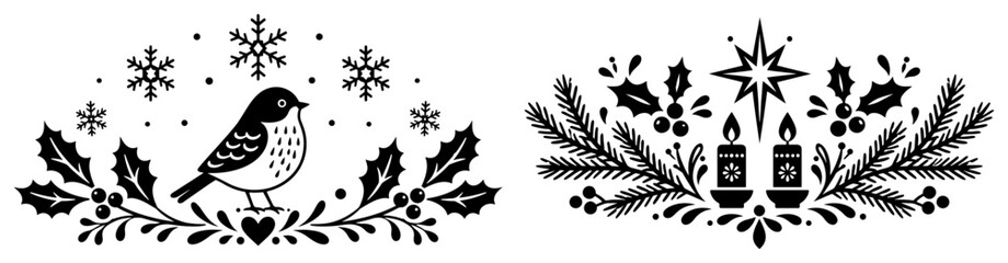 Winter holiday borders with bird on branch and lit candles in folk art style © AnimalZOO