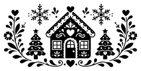 Gingerbread house with Christmas trees and snowflakes in Scandinavian folk art style © AnimalZOO