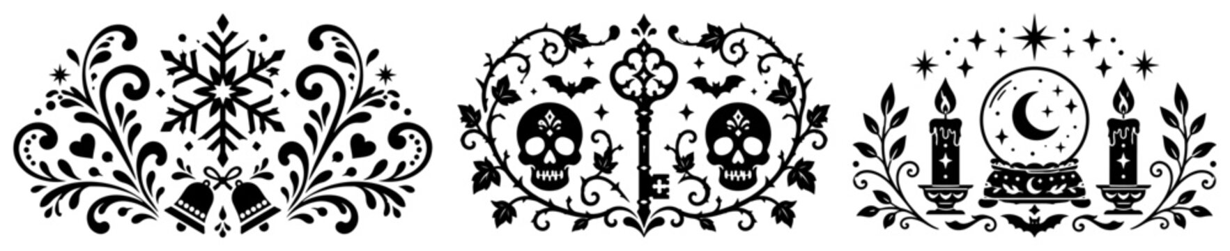 Gothic folk art borders with skulls crystal ball and mystic symbols in silhouette style