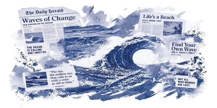Abstract ocean wave collage with blue newspaper clippings newspaper clipping abstract illustration typography creative background scrapbook movement composition monochrome document