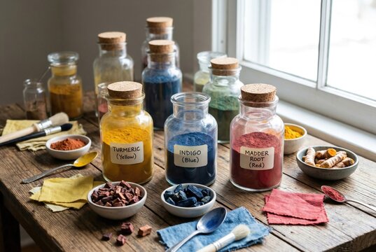 Glass jars with turmeric, indigo, and madder root dye powder next to art brushes