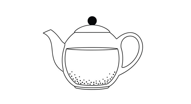 Simple line art of a glass teapot filled with hot water and loose tea leaves settling at the round bottom of the pot.