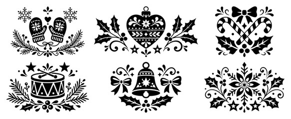 Christmas folk art icons set with mittens drum bell and winter ornaments in silhouette style © AnimalZOO