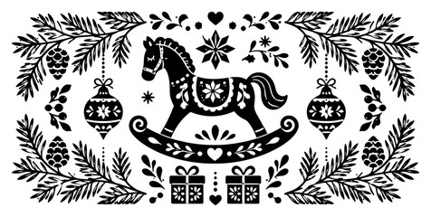 Rocking horse toy with Christmas ornaments gifts and pine branches in folk art style © AnimalZOO