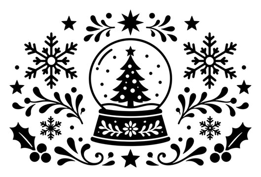 Snow globe with Christmas tree inside surrounded by snowflakes and winter stars in folk art style