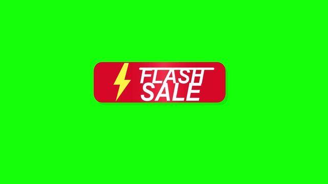 Red rounded banner with yellow lightning bolt icon and white Flash Sale text on chroma key green background. High contrast graphic for e-commerce promotion and video overlays.