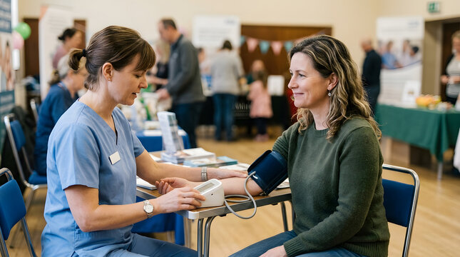 A nurse in blue scrubs takes a woman's blood pressure using a digital monitor at a health fair with other attendees and booths in the background.