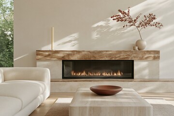 Fototapeta premium Quiet luxury living room featuring a modern fireplace with a simple wooden mantel, elegant decor, and natural light streaming through large windows