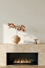 Fototapeta premium Closeup of a honed limestone fireplace mantel featuring a decorative vase with dried leaves, a small candle holder, and stacked books on a minimalist interior wall