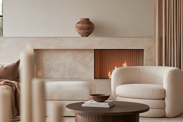 Fototapeta premium Modern living room interior featuring a cozy fireplace, plush armchair, wooden coffee table, decorative vase, and soft textiles in a neutral color palette