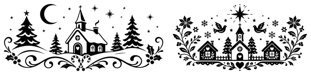 Obraz premium Winter village scenes with church and cottages in traditional Scandinavian folk art style