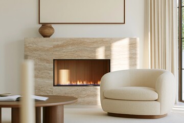 Fototapeta premium Modern living room interior featuring a cozy circular armchair, a stylish coffee table, and a contemporary fireplace with a warm glow, creating a serene atmosphere