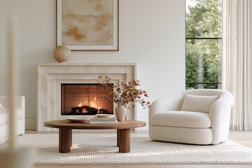 Fototapeta premium Modern living room interior featuring a cozy fireplace, plush white armchair, wooden coffee table, and decorative vase with flowers, large windows allowing natural light