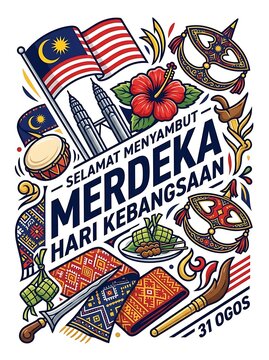 Malaysia independence day celebration with cultural icons illustration