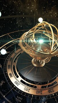 3D animation of a golden armillary sphere with glowing planets orbiting among zodiac symbols in deep space. Elegant celestial mechanism inspired by astronomy and astrology.