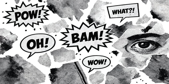 Comic book style pop art page with speech bubbles and halftone texture halftone expression illustration creative abstract fragment newspaper monochrome dialogue scrapbook background