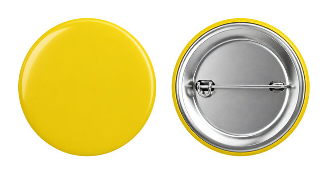 Blank yellow round button badge, front and back view with metal pin isolated on transparent background