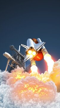 3D animation of a reusable orbital spacecraft lifting off from a launch pad. Cinematic ascent with powerful engines, dense smoke, bright exhaust and realistic aerospace environment.