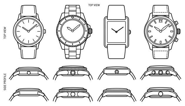 Technical blueprint schematics showing multiple wristwatch designs featuring round and square dials metallic straps leather bands top views and detailed side profile layouts