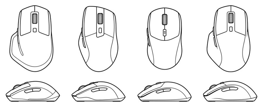 Black and white line art outlines of computer mouse models displayed in multiple angles showing top and side views of peripheral devices for digital workstation setup equipment