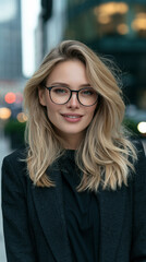 Obraz premium businesswoman smiling outdoors in modern city, cheerful professional blonde woman with elegant urban style, confident young blonde woman with clean polished look in city
