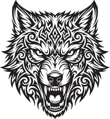 Fototapeta premium Intricate Black and White Tribal-Style Wolf Head Illustration with Fierce Expression