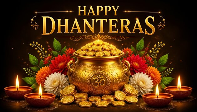 Happy dhanteras festival golden pot of wealth illuminated by diyas surrounded by flowers