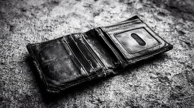 A vintage, black leather bi-fold wallet lies open on a rough, textured stone surface in a dramatic black and white shot.