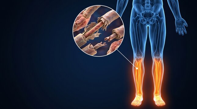 3D Medical Illustration of Damaged Nerve Fibers in Lower Legs Depicting Myelin Sheath Degeneration and Neuropathy