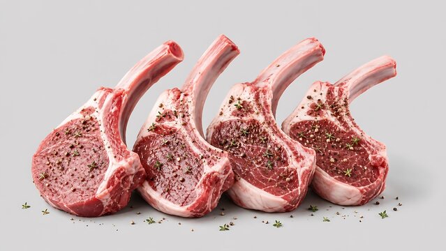 Row of premium raw lamb chops with clean French trimmed bone handles seasoned with herbs and pepper on grey background, depicting high quality butcher meat and gourmet culinary preparation.