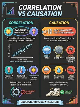 Infographic explaining correlation versus causation in data analysis