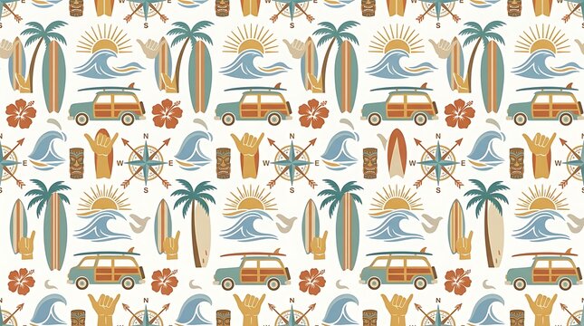 Vintage surfing pattern with woodie cars palm trees and waves
