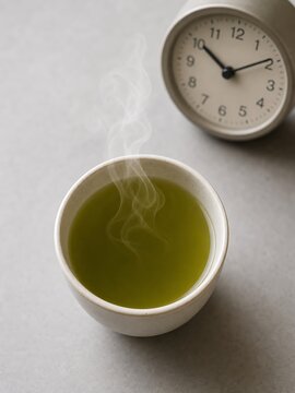 Top down photography of ceramic cup with steaming hot green tea next to desk clock on grey surface, depicting morning wellness routine, tea break time, and soothing warm beverage.