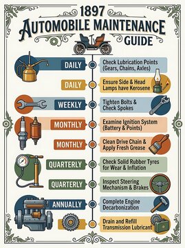 Vintage 1897 automobile maintenance guide infographic poster