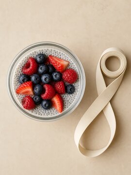 Top down flat lay of organic chia seed pudding topped with fresh raspberries, blueberries, and strawberries in glass bowl next to measuring tape, depicting healthy diet pudding and weight loss.