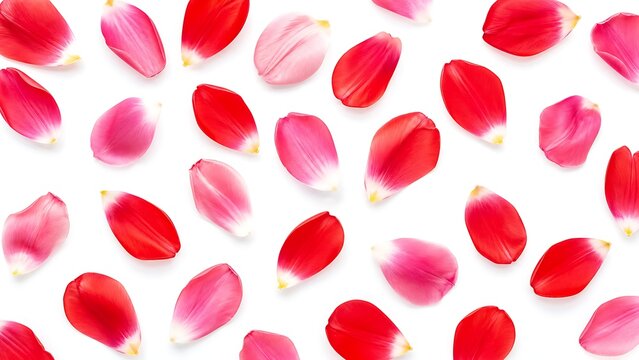 Top down flat lay of vibrant red and pink tulip petals scattered gracefully on clean white background, depicting spring floral pattern, romantic petals background, and botanical elegance.