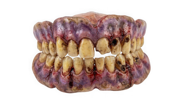 Realistic set of old decayed dentures with stained teeth and purple gums isolated on transparent background