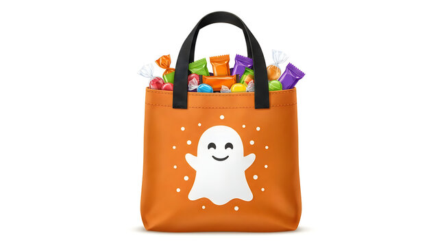 Orange halloween trick or treat bag filled with colorful candies and a cute ghost illustration
